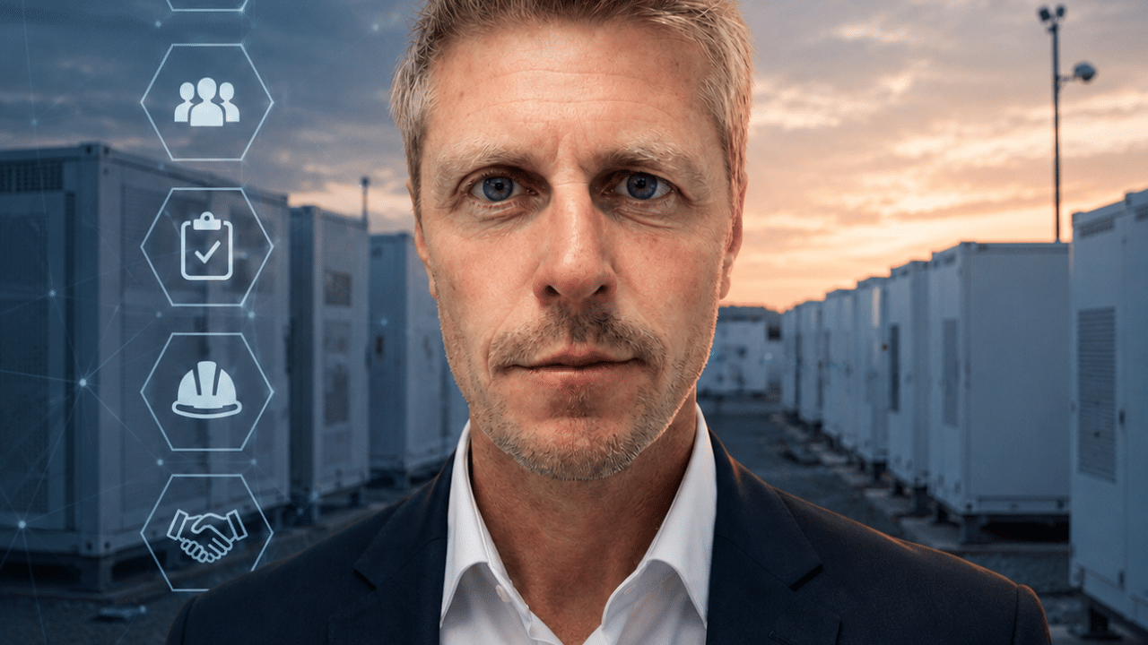 White man in a shirt and blazer with a Battery Energy Storage Site in the back ground and digital icons at the side.